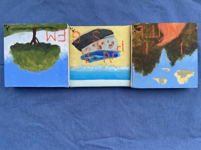 Inútil Paisagem 3, Justino, acrílico em tela, 3 paineis 5"x 5", 2019-20.