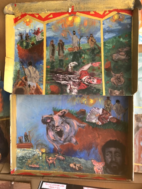“Projeto Para Quadríptico em Catedral Romana: Cristo e os Porcos”, Justino, acrílico em papelão, 45 x70, 2019.