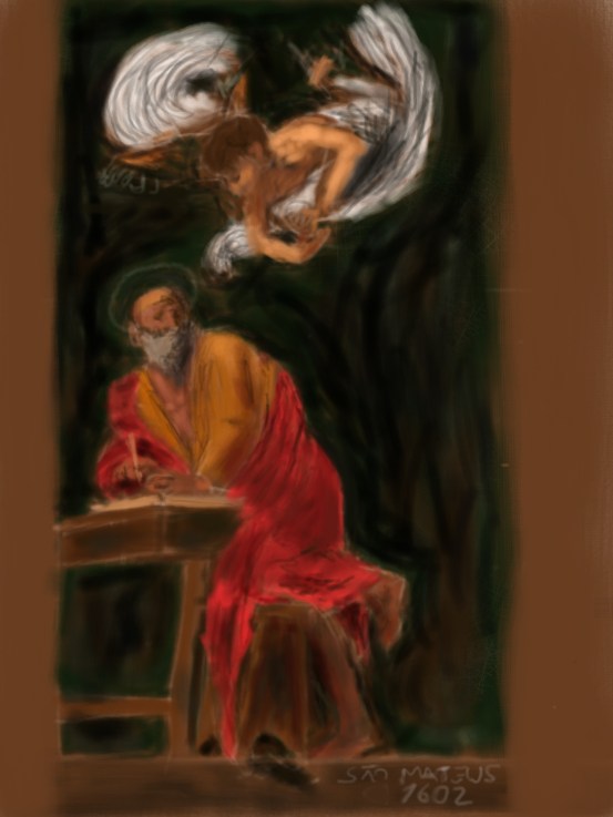 “Série: Faça como os Grandes Mestres – São Mateus , Caravaggio”, Justino, iPad, 2019.