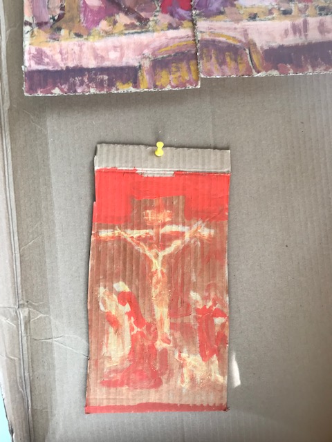 "Cores ricas, suporte humilde: Na Cruz", Justino, acrílico em papelão, 2019.