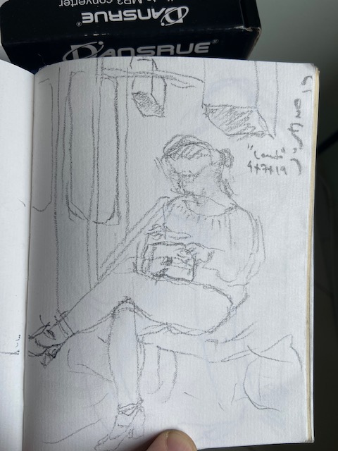 No metrô - 12, Justino, desenho a caneta, 2019.