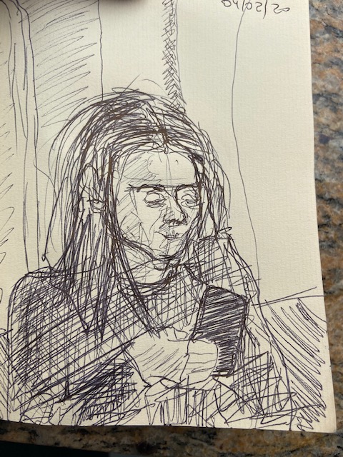 No metrô - 5, Justino, desenho a caneta preta, 2020.