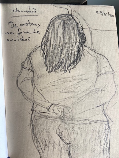 No metrô - 9, Justino, desenho a caneta, 2020.