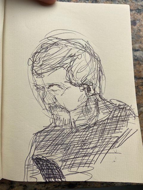 No metrô - 6, Justino, desenho a lápis, 2020.