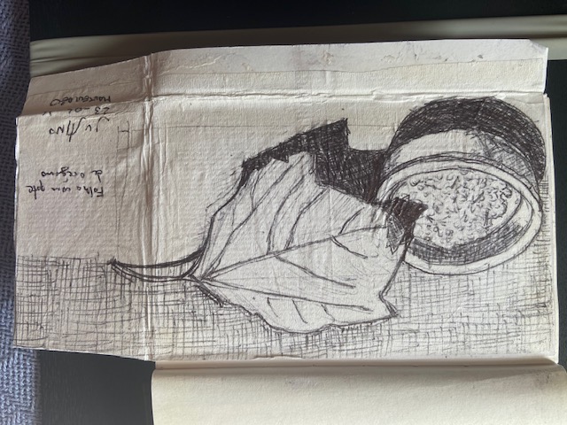 Folha e pote de orégano- Montevidéu, Justino, caneta em guardanapo, 2016.