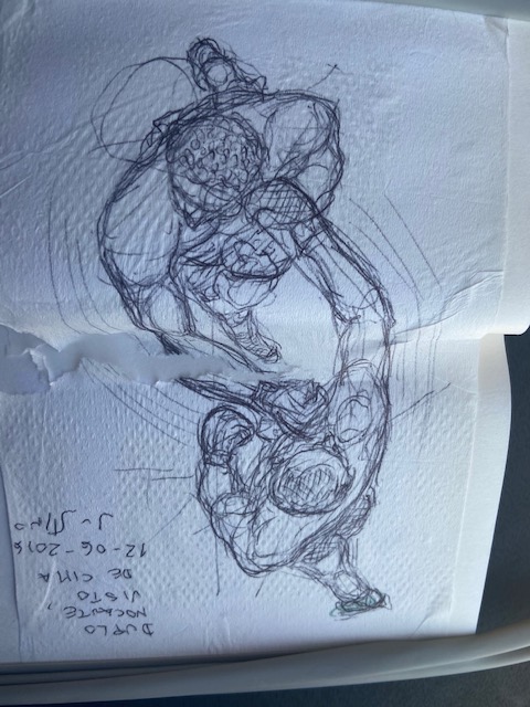 Aguardando no Aeroporto: Duplo Nocaute Visto de Cima, Justino, caneta em guardanapo, 2016.