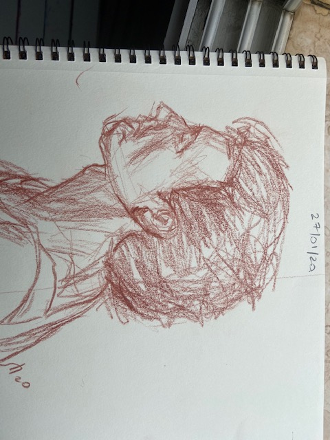 Cinco minutos - 3, Justino, lápis preto, 2020.