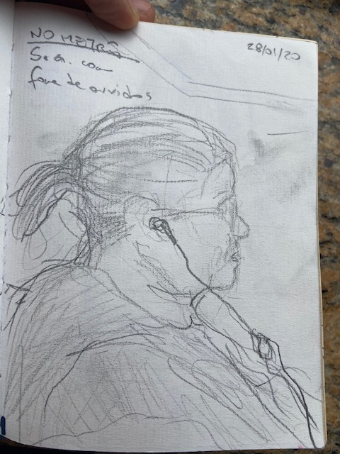 No metrô - 4, Justino, desenho a lápis, 2020.