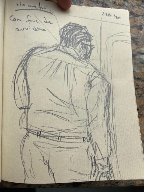 No metrô - 5, Justino, desenho a lápis, 2020.