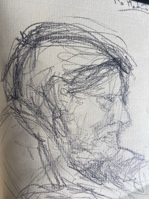 No metrô - 10, Justino, desenho a caneta, 2020.