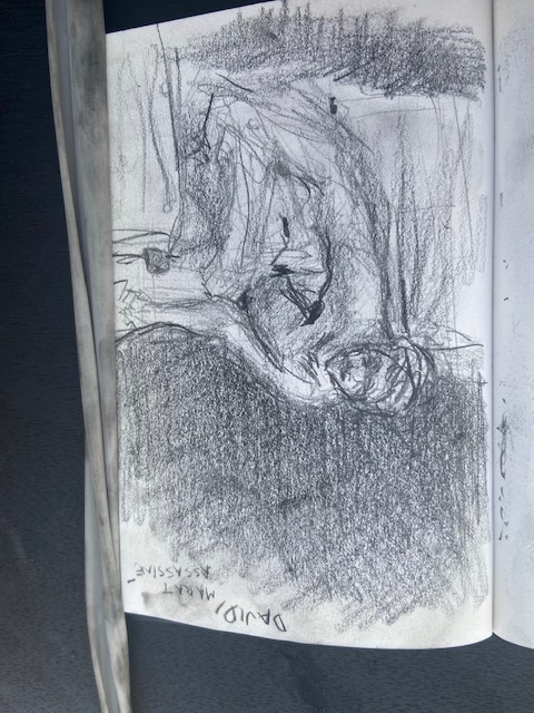 David, Marat Assassiné, 1793 (visto no Louvre?), Justino, lápis grafite, 2017.