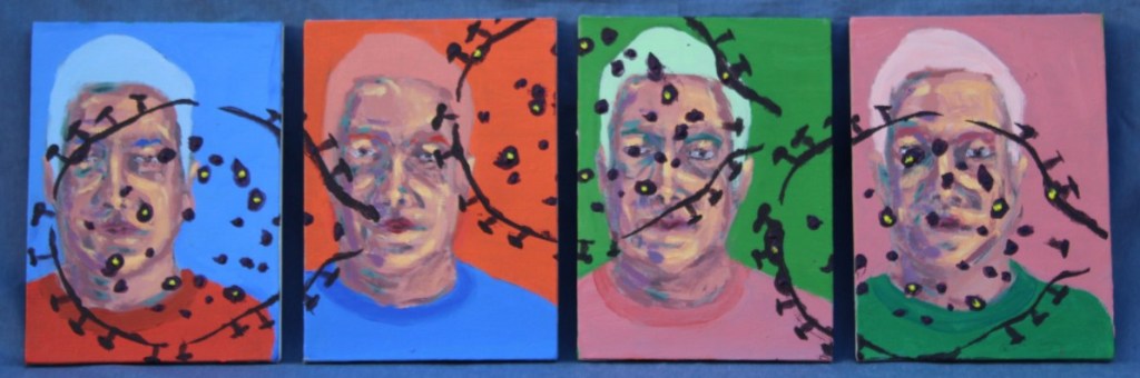 Como Parei de Ter Medo e Aprendi a Amar o Vírus, Justino, acrílico em quatro telas, 2020.