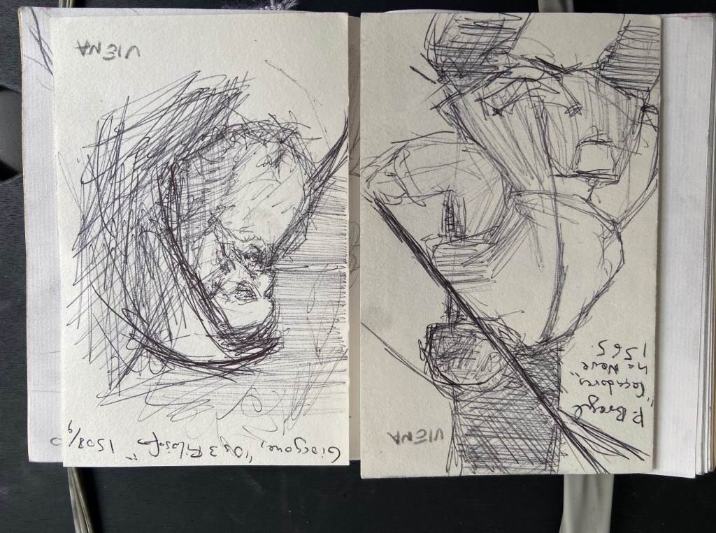 Pieter Bruegel,Os Caçadores na Neve, 1565; Os Três Filósofos, Giorgione, 1509; Justino, Desenho a Lápis, 2020.