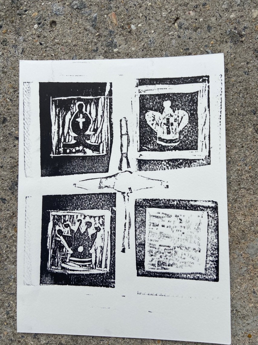 "O Dilema de Beth Harmon - 4: O Rei, A Dama. O Bispo ou Uma Casa Branca?", Justino, xilogravura, 2020.