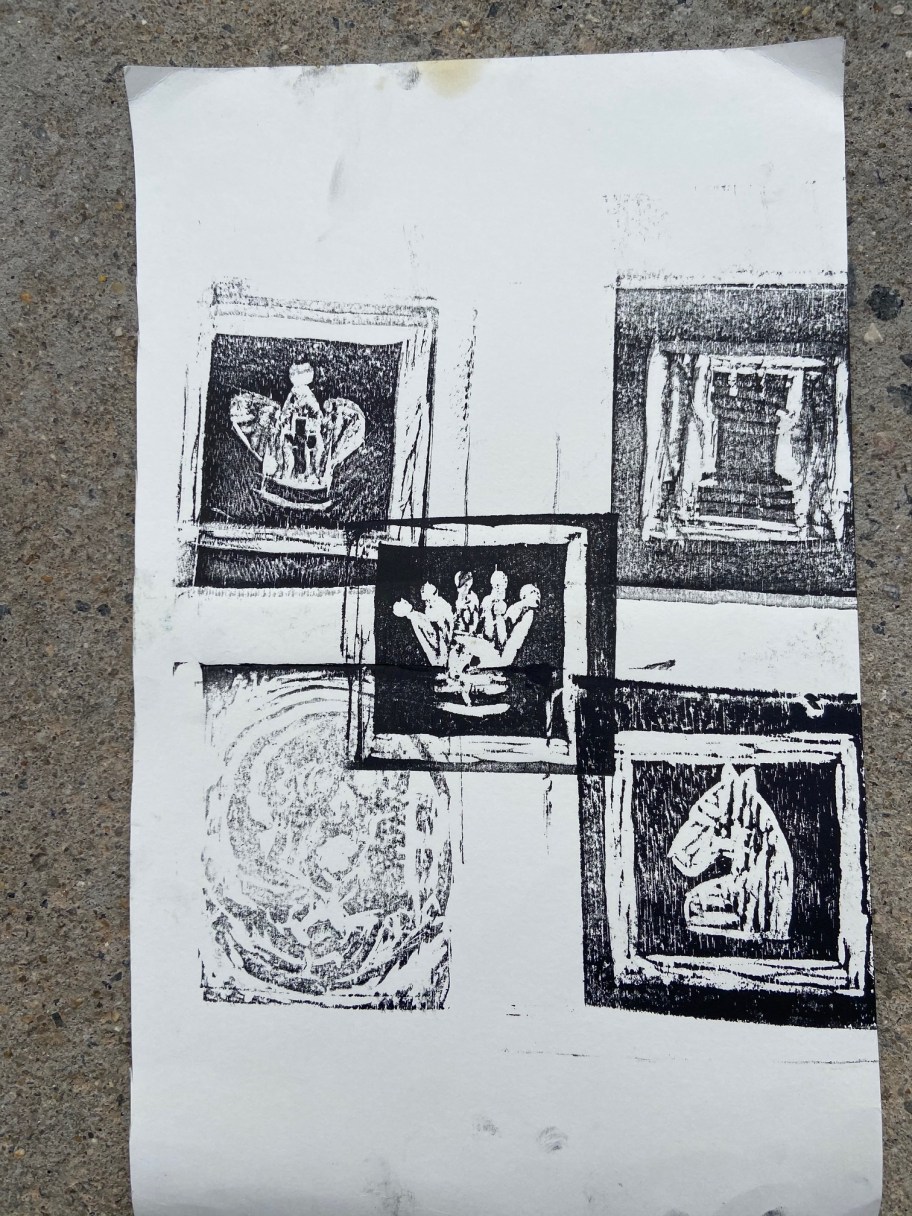 "O Dilema de Beth Harmon - 3: O Rei, A Dama. A Torre, O CAvalo ou A Vaga Morte?", Justino, xilogravura, 2020.