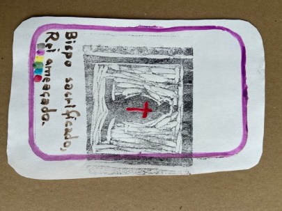 "Bispo sacrificado...", Justino, xilogravura e guache, 2020.