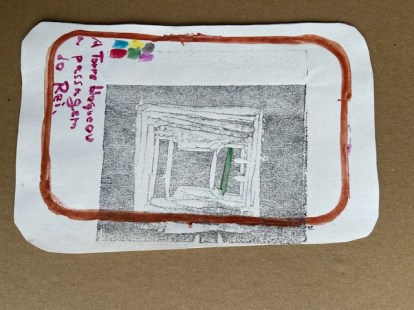 "A Torre bloqueou...", Justino, xilogravura e guache, 2020.