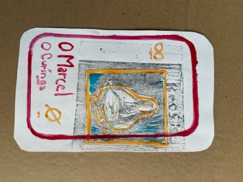 "O Marcel"(O Tempo de Jogo/Vida), Justino, xilografia e guache, 2020.