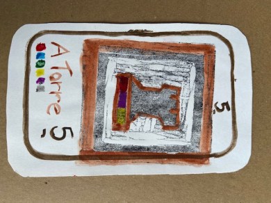 "A Torre", Justino, xilogravura e guache em papel, 2020.