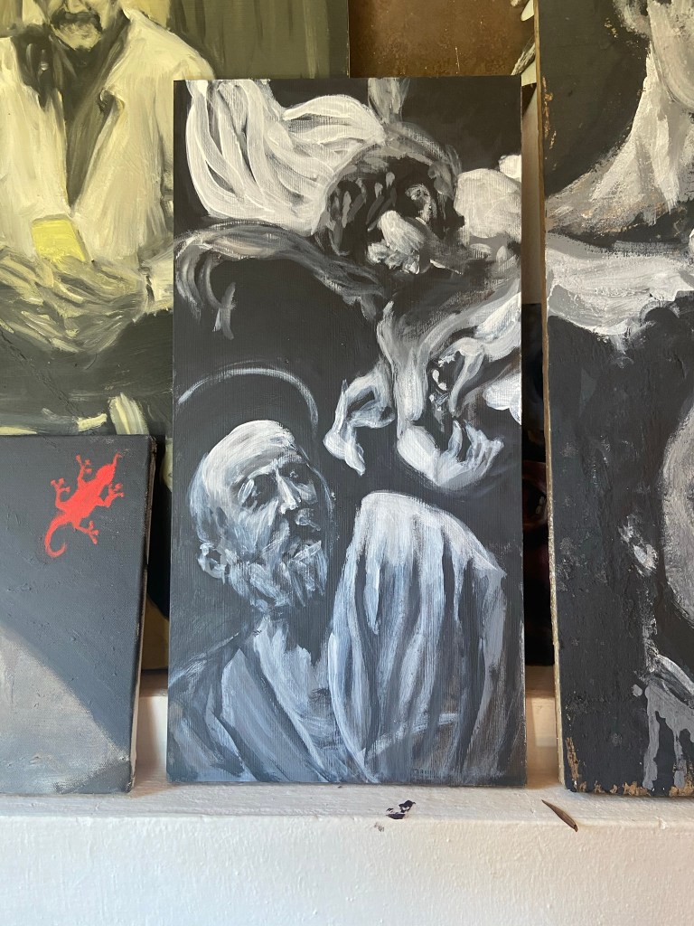 "São Mateus, après Caravaggio", Justino, Acrílica em tábua, 50 cm x 25 cm, 2021, 