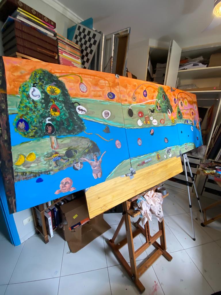 Árvore-Vida, Rio-Tempo , Acr´lilica em três telas 80 cm x 80 cm. Justino , 2022