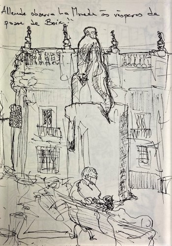 Allende Observa La Moneda às Vésperas da Posse de Boric, Justino, 2022, Desenho a lápis sobre papel canson, 21 cm x 14,8 cm