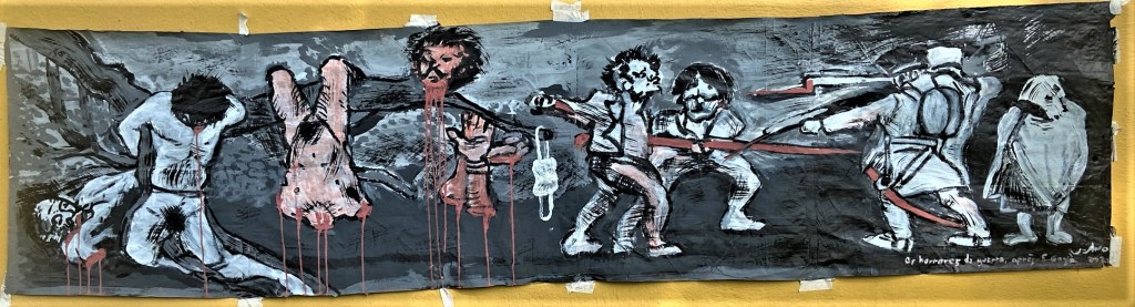 "Os Horrores da Guerra d'après F. Goya", Justino. Acrílica e gesso sobre papel  60 X 250 cm, ,2021. 