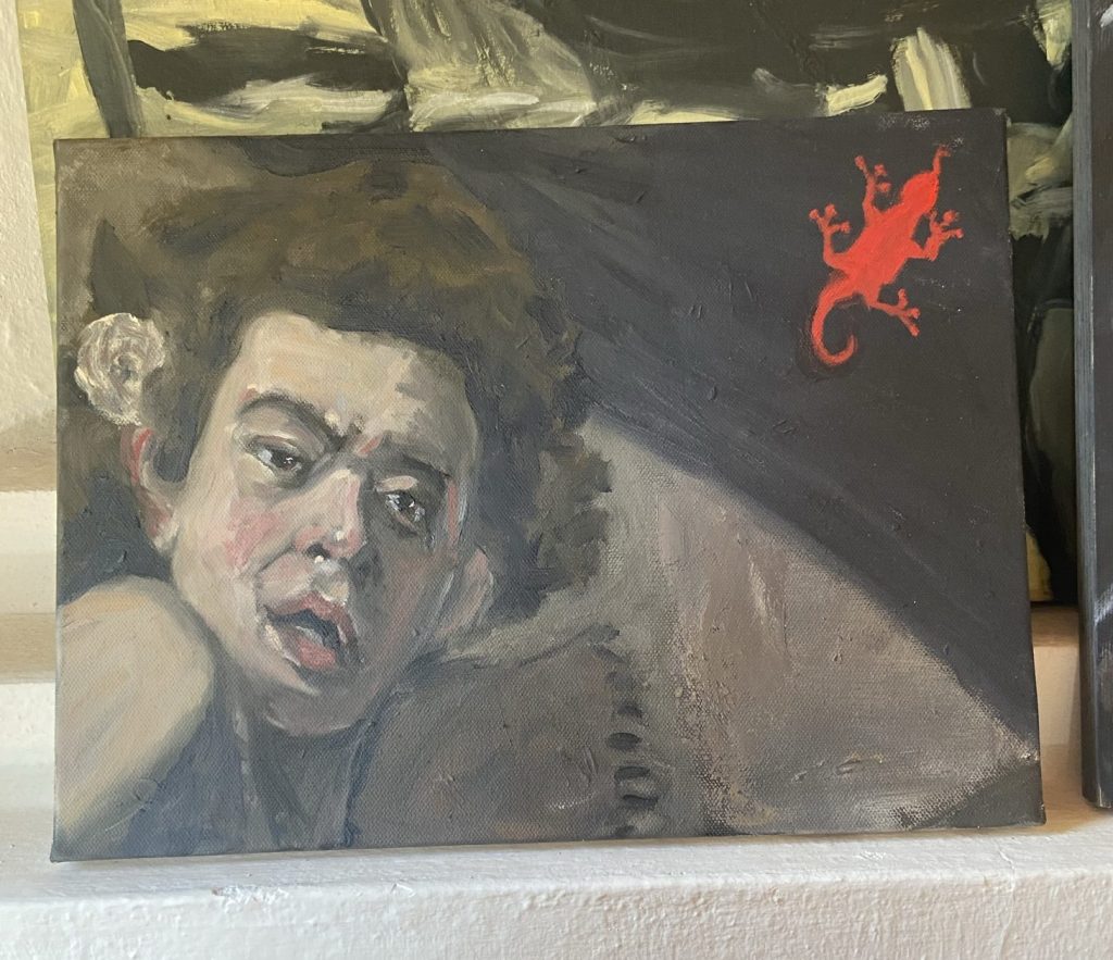 "Baco e o Lagarto, après Caravaggio", Justino, óleo em canvas board, 20 cm x 30 cm, 2021, 