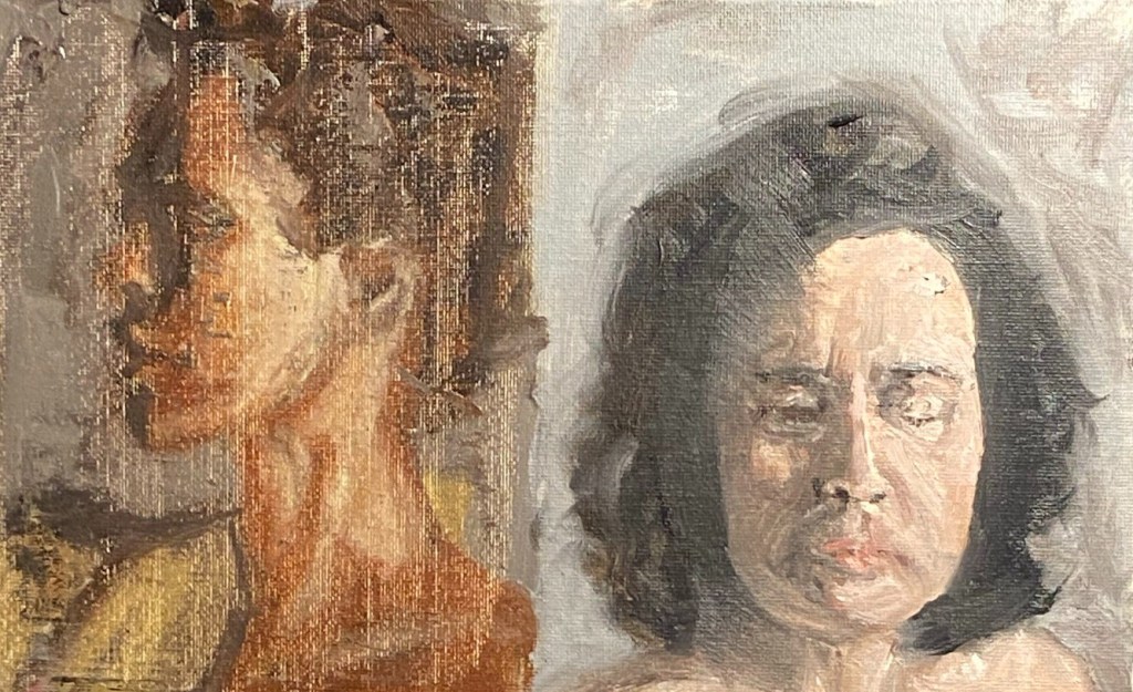 Retratos Contemporâneos - 16: indiferença & sorrow, Justino, óleo em canvas board, 15 x 25 cm, 2021