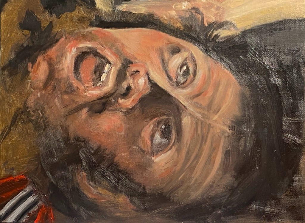 Retratos Contemporâneos - 17: "Judite e Holofernes après Caravaggio" , Justino, óleo em canvas board, 23 x 30 cm 2021.