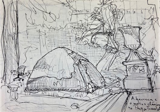 A barraca e o motivo clássico, Justino, 2022, Caneta em papel canson, 14,8 cm x 21 cm