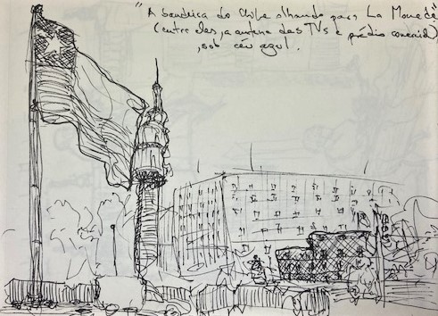 A Bandeira e La Moneda, Justino, 2022, desenho a caneta sobre papel canson, 14,8 cm x 21 cm.